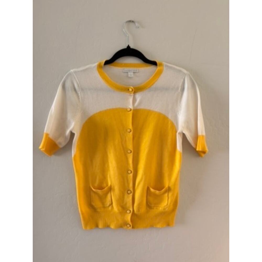 Yellow White Colorblock Short Sleeve Cardigan Size S Button Front New York & Co